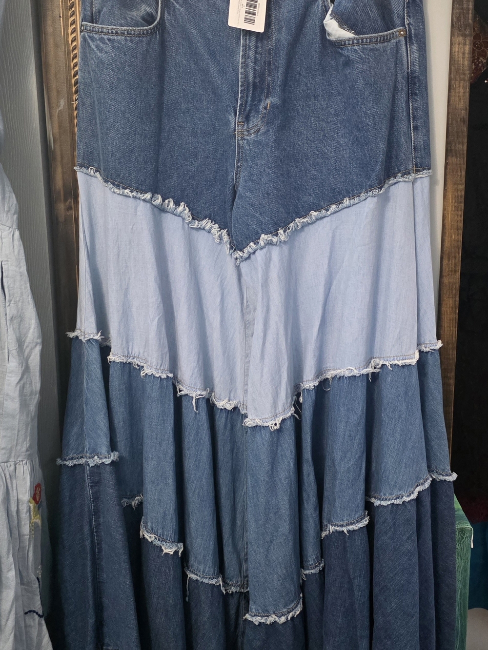 We The Free Two-Tone Tiered Denim Wide-Leg in Light and Dark Blue